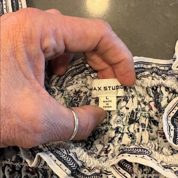 Max Studio White Smocked Peasant Blouse with Blue and Green Floral Print - Picture 2 of 4